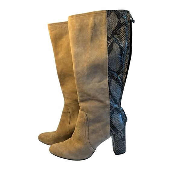 Anne Klein Genuine Suede And Faux Snake Heeled Tall Boots Size 11 Beige, Grey - Picture 1 of 12